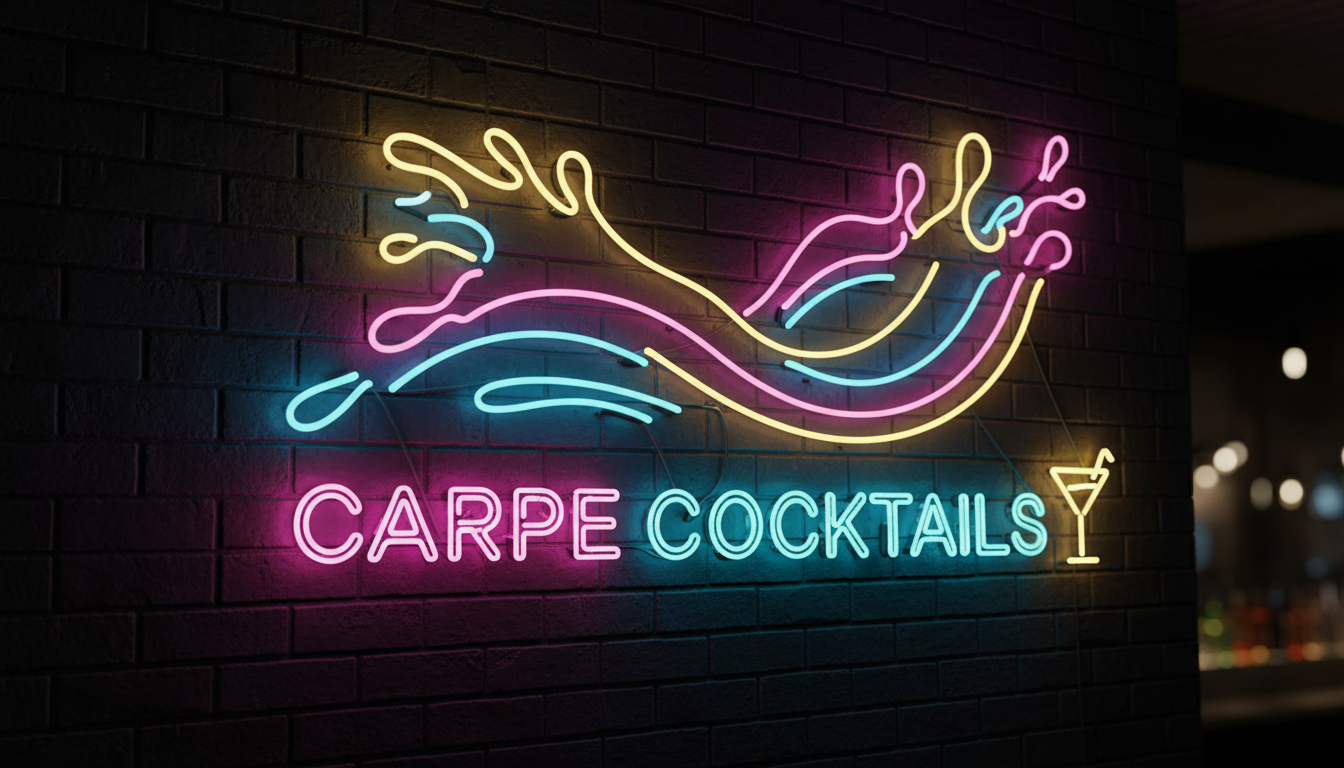 Mock-up of the Carpe Cocktails neon sign displayed on a venue wall